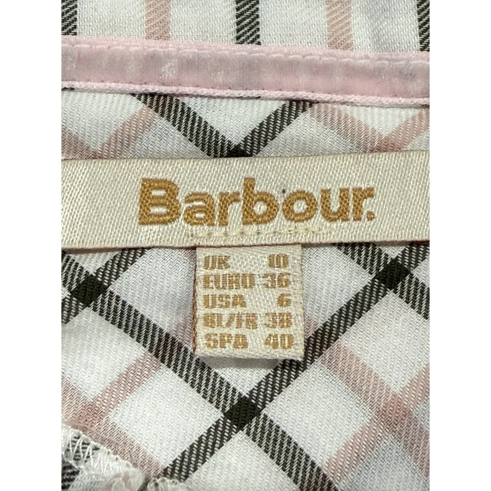 Barbour Daffodil Shirt Pink Green Plaid Ruffle Collar Puff Sleeve Cotton Size 6
